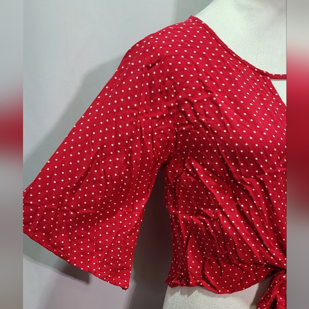 Mossimo Supply Co. Women's Red Polka Dot Tie-Front Peasant Blouse Size Small 🐈 - Picture 5 of 8
